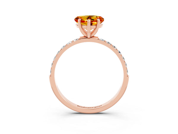 Rose gold Heart Cut Citrine Solitaire Ring with Round Pavé Shoulders and Prong Setting