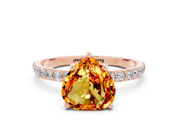Rose gold Heart Cut Citrine Solitaire Ring with Round Pavé Shoulders and Prong Setting
