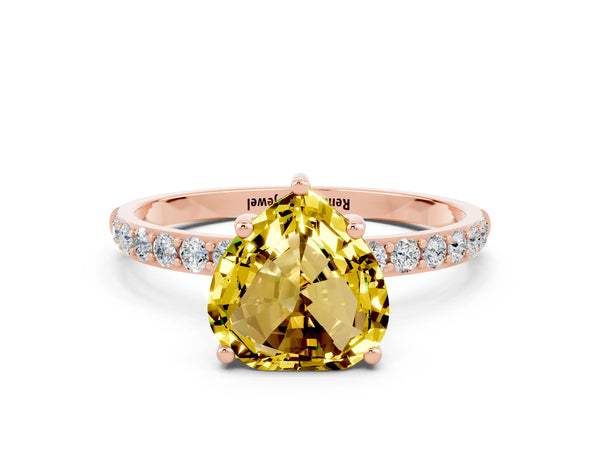 Rose gold Heart Cut Yellow Sapphire Solitaire Ring with Round Pavé Shoulders and Prong Setting