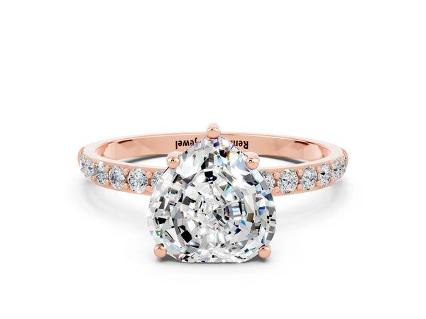 Rose gold Heart Cut Moissanite Solitaire Ring with Round Pavé Shoulders and Prong Setting