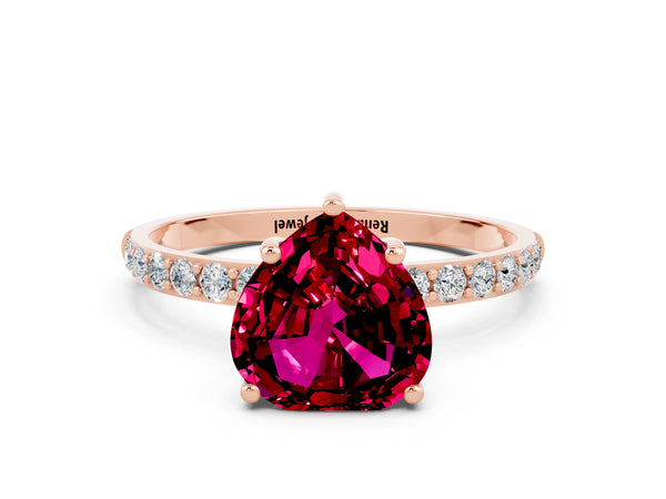 Rose gold Heart Cut Garnet Solitaire Ring with Round Pavé Shoulders and Prong Setting