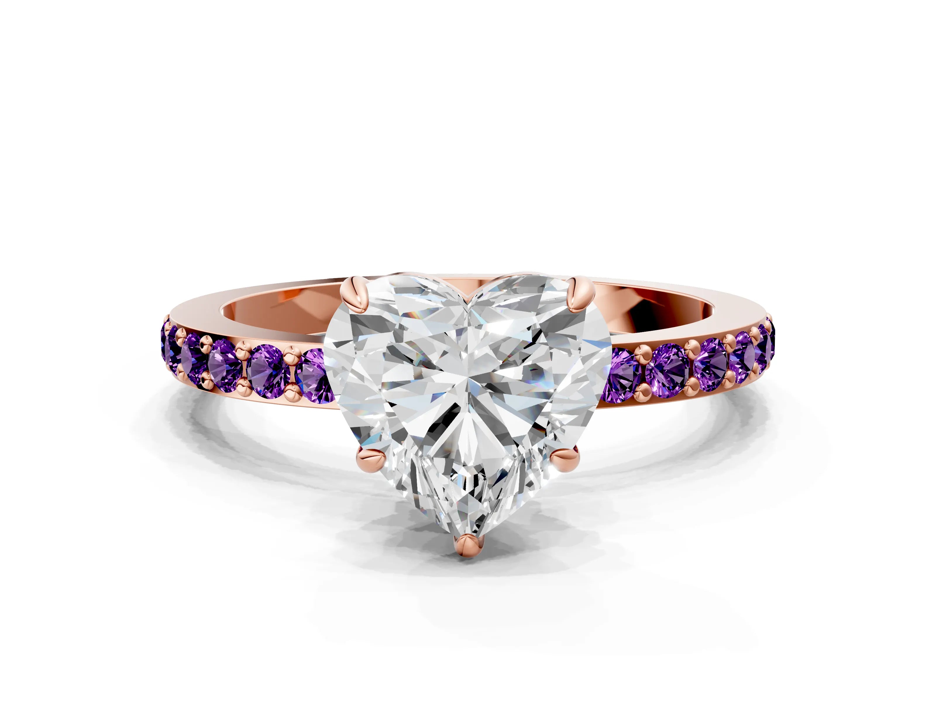 Rose gold Heart Cut Diamond Pavé Engagement Ring with Round with Amethyst side stone Accents and Prong Setting