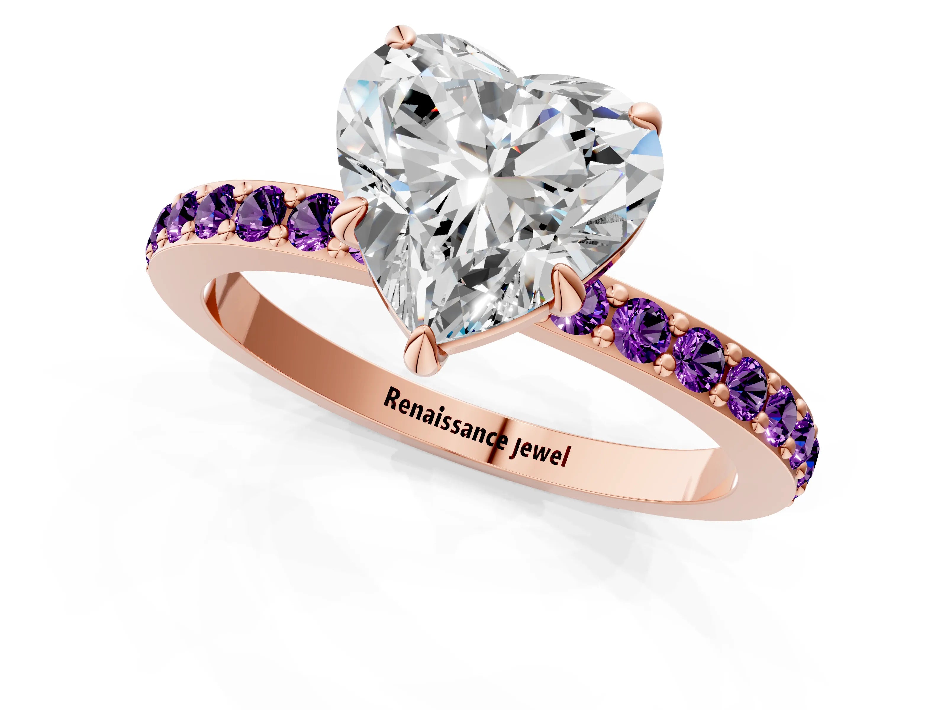 Rose gold Heart Cut Diamond Pavé Engagement Ring with Round with Amethyst side stone Accents and Prong Setting_1