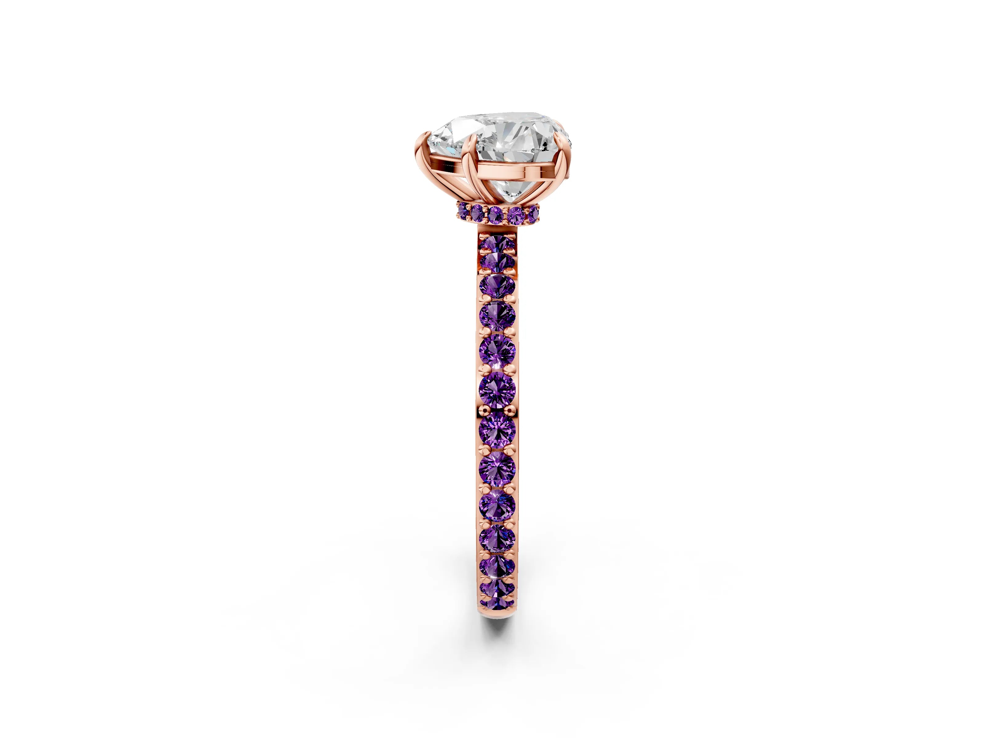 Rose gold Heart Cut Diamond Pavé Engagement Ring with Round with Amethyst side stone Accents and Prong Setting_2