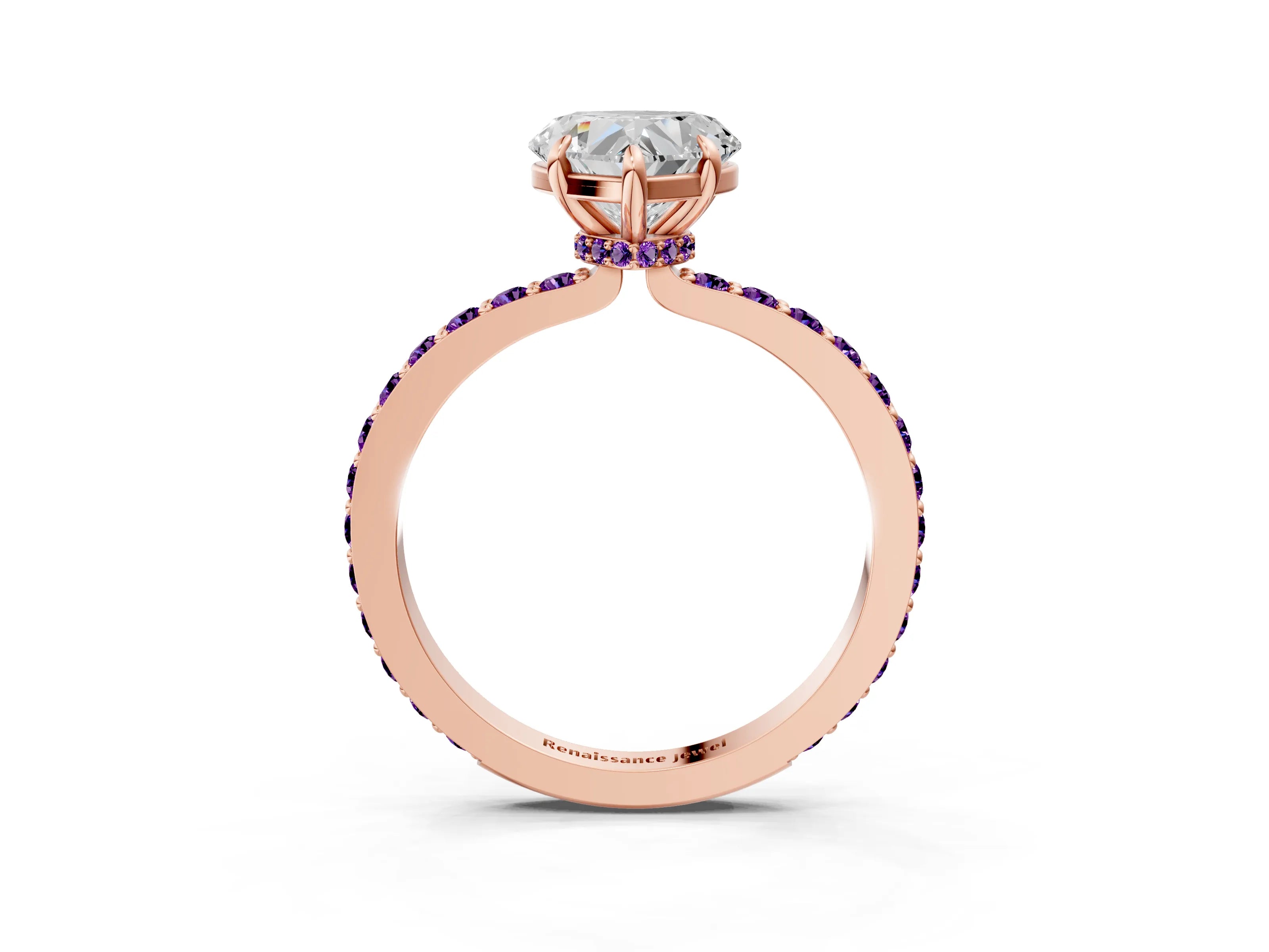 Rose gold Heart Cut Diamond Pavé Engagement Ring with Round with Amethyst side stone Accents and Prong Setting_3