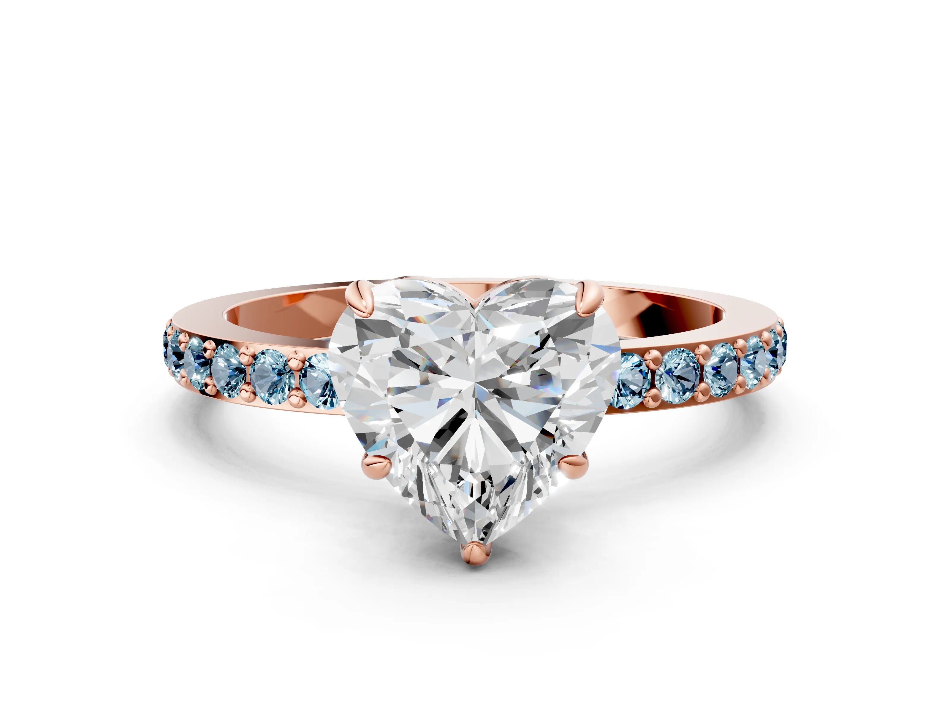 Rose gold Heart Cut Diamond Pavé Engagement Ring with Round with Aquamarine side stone Accents and Prong Setting