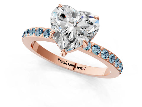 Rose gold Heart Cut Diamond Pavé Engagement Ring with Round with Aquamarine side stone Accents and Prong Setting_1