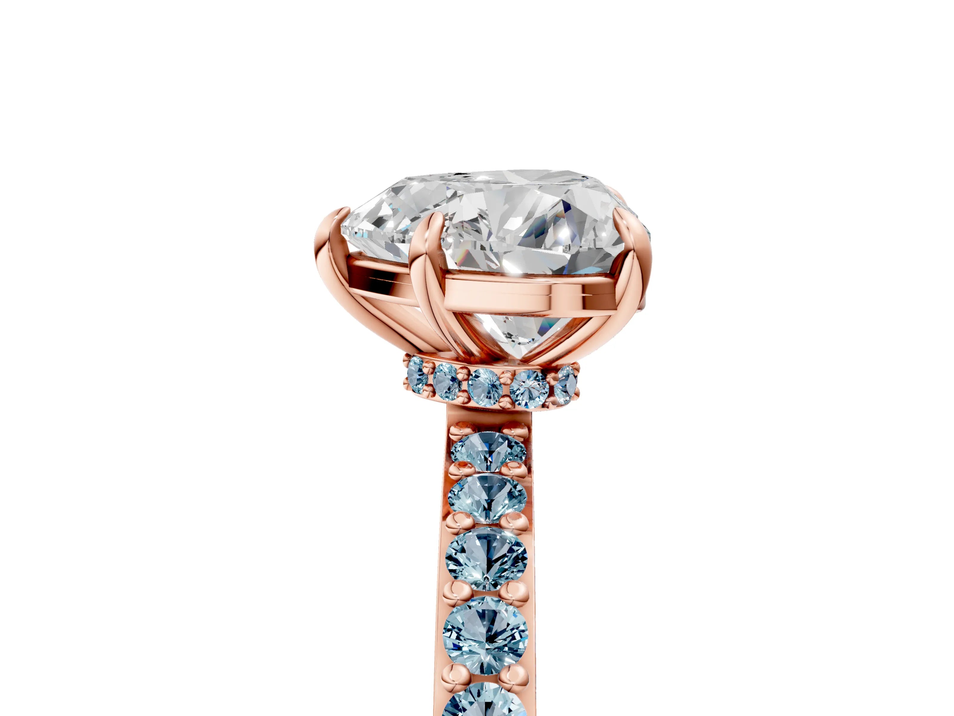 Rose gold Heart Cut Diamond Pavé Engagement Ring with Round with Aquamarine side stone Accents and Prong Setting_5