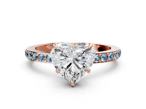 Rose gold Heart Cut Diamond Pavé Engagement Ring with Round with Aquamarine side stone Accents and Prong Setting