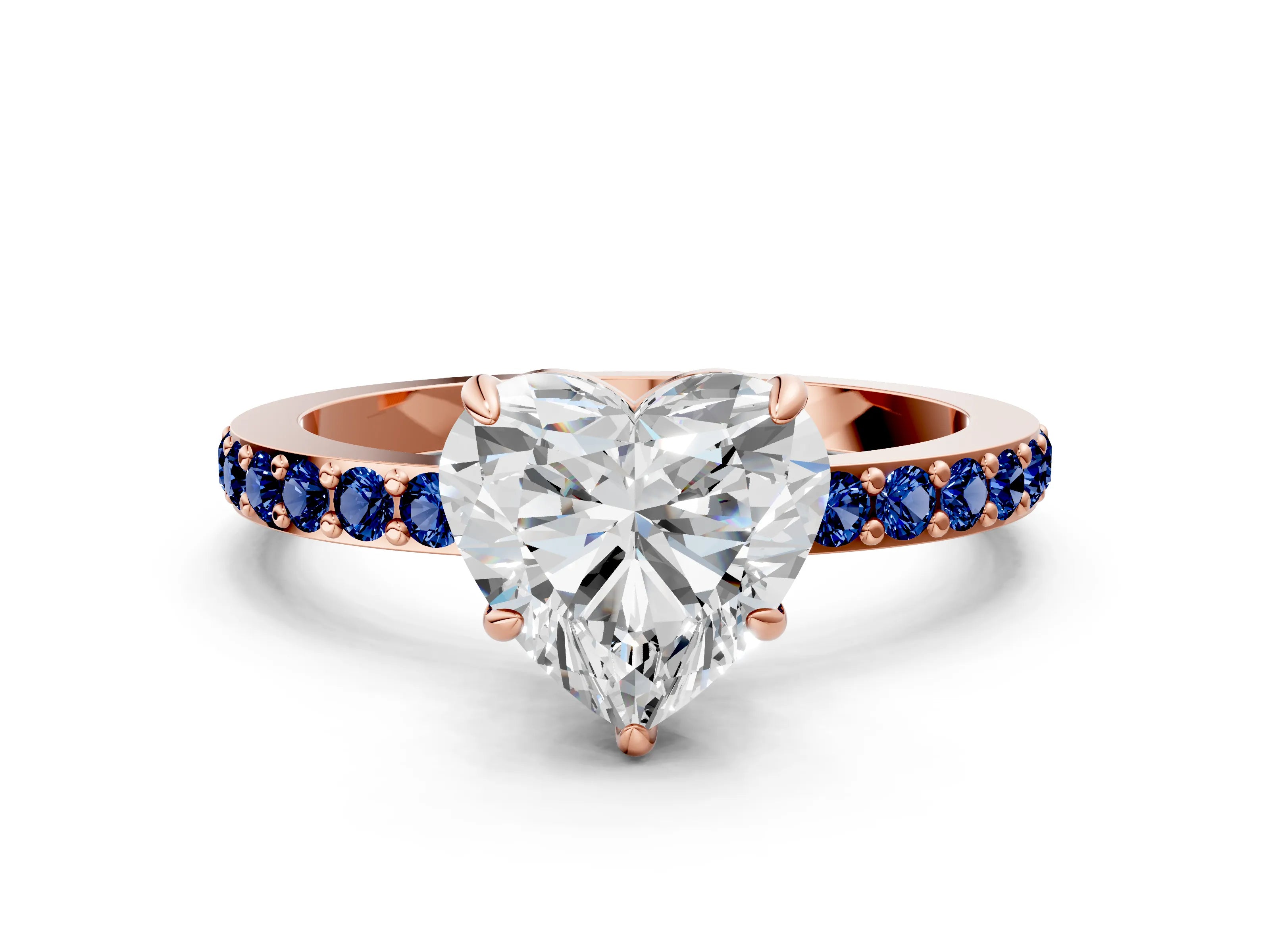 Rose gold Heart Cut Diamond Pavé Engagement Ring with Round with Blue Sapphire side stone Accents and Prong Setting