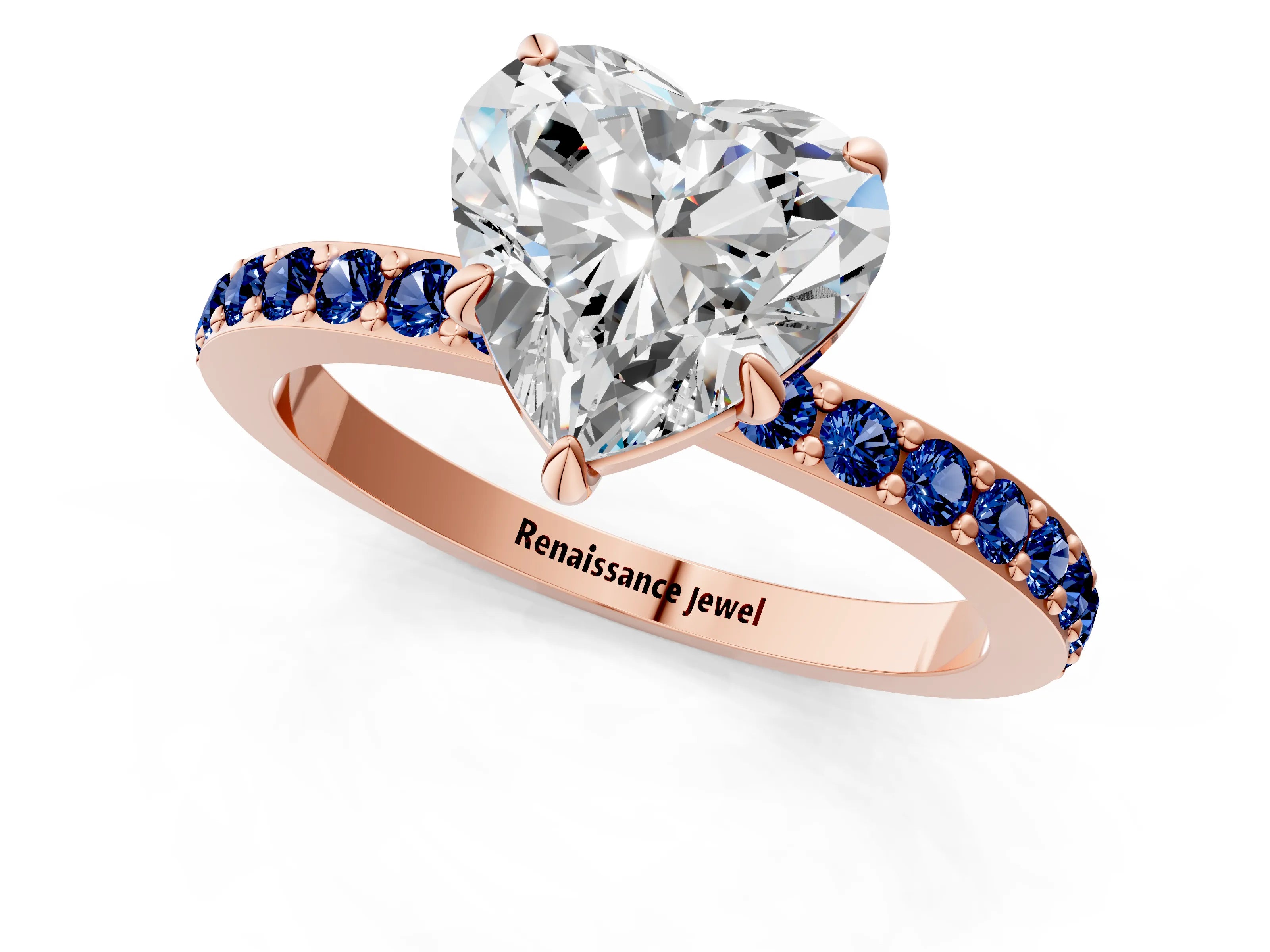 Rose gold Heart Cut Diamond Pavé Engagement Ring with Round with Blue Sapphire side stone Accents and Prong Setting_1