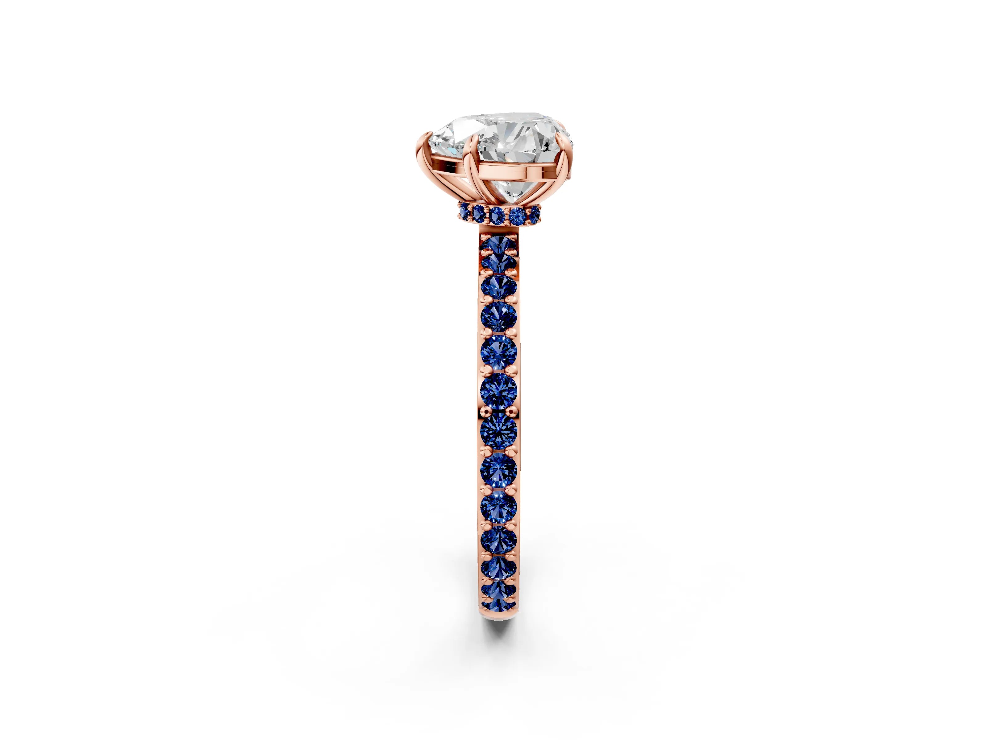 Rose gold Heart Cut Diamond Pavé Engagement Ring with Round with Blue Sapphire side stone Accents and Prong Setting_2