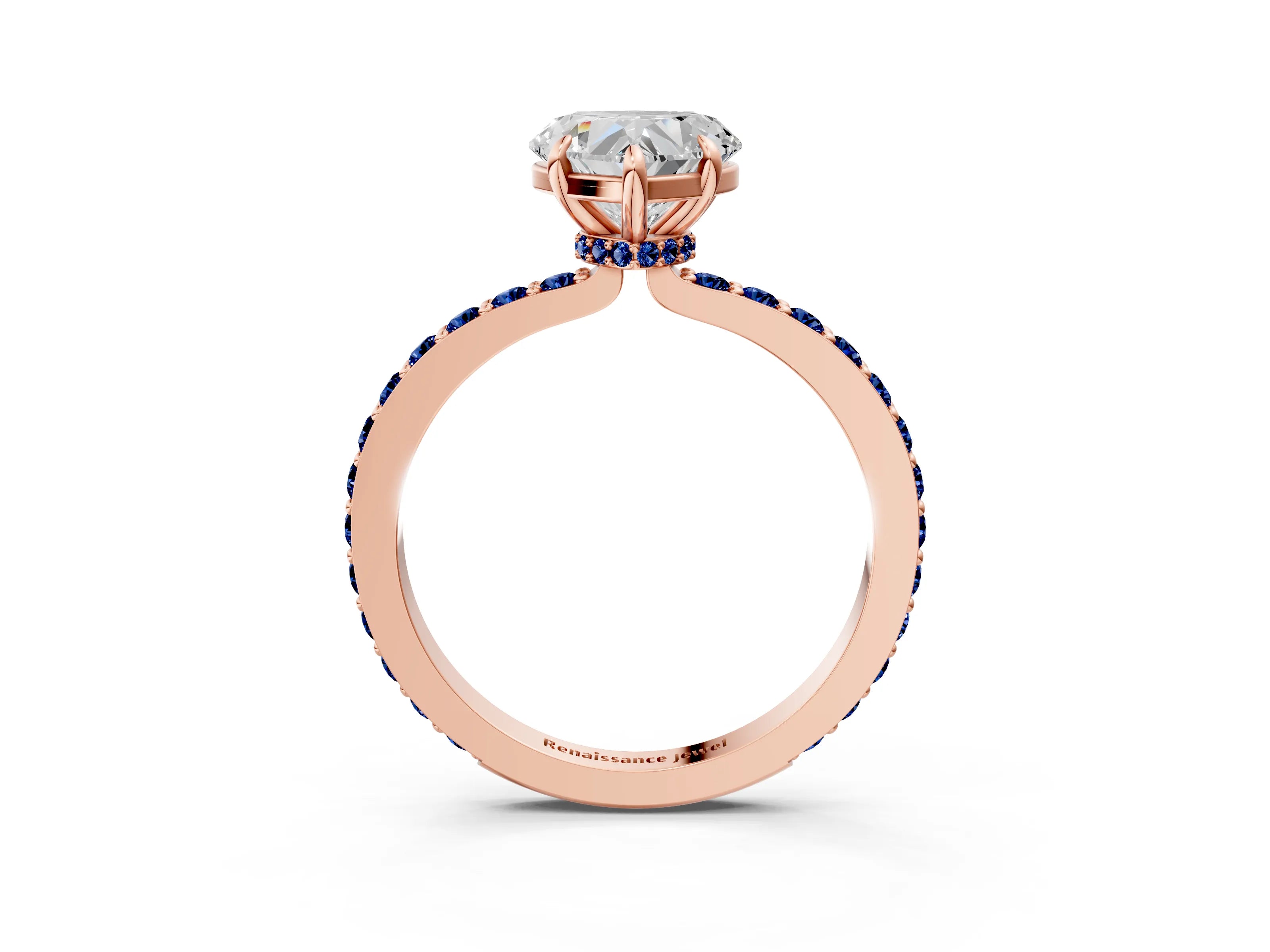 Rose gold Heart Cut Diamond Pavé Engagement Ring with Round with Blue Sapphire side stone Accents and Prong Setting_3