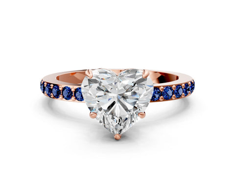 Rose gold Heart Cut Diamond Pavé Engagement Ring with Round with Blue Sapphire side stone Accents and Prong Setting