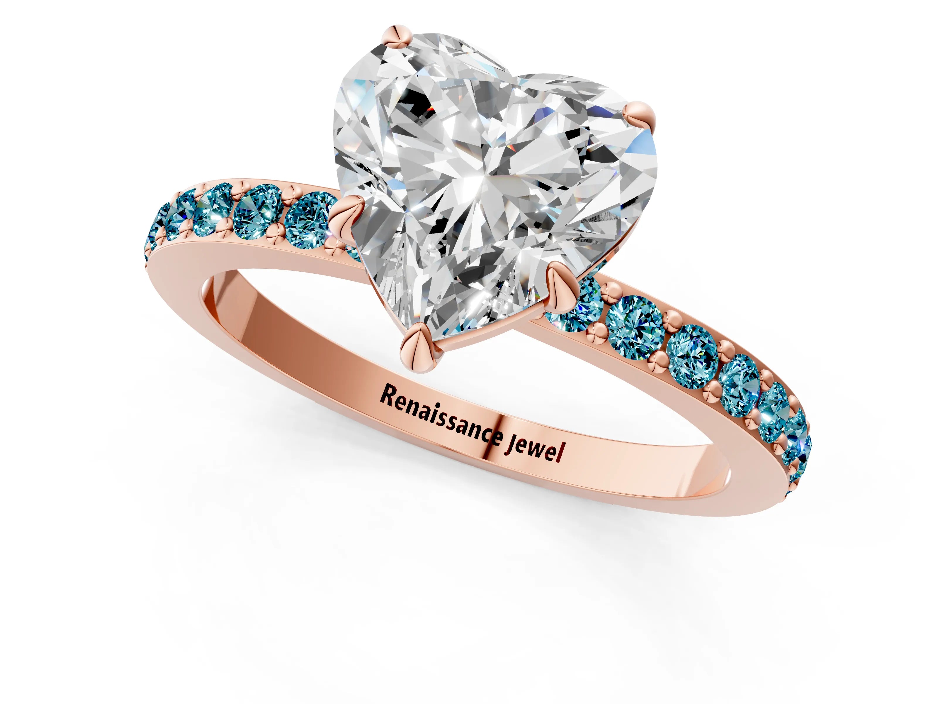Rose gold Heart Cut Diamond Pavé Engagement Ring with Round with Blue Topaz side stone Accents and Prong Setting_1