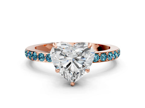 Rose gold Heart Cut Diamond Pavé Engagement Ring with Round with Blue Topaz side stone Accents and Prong Setting