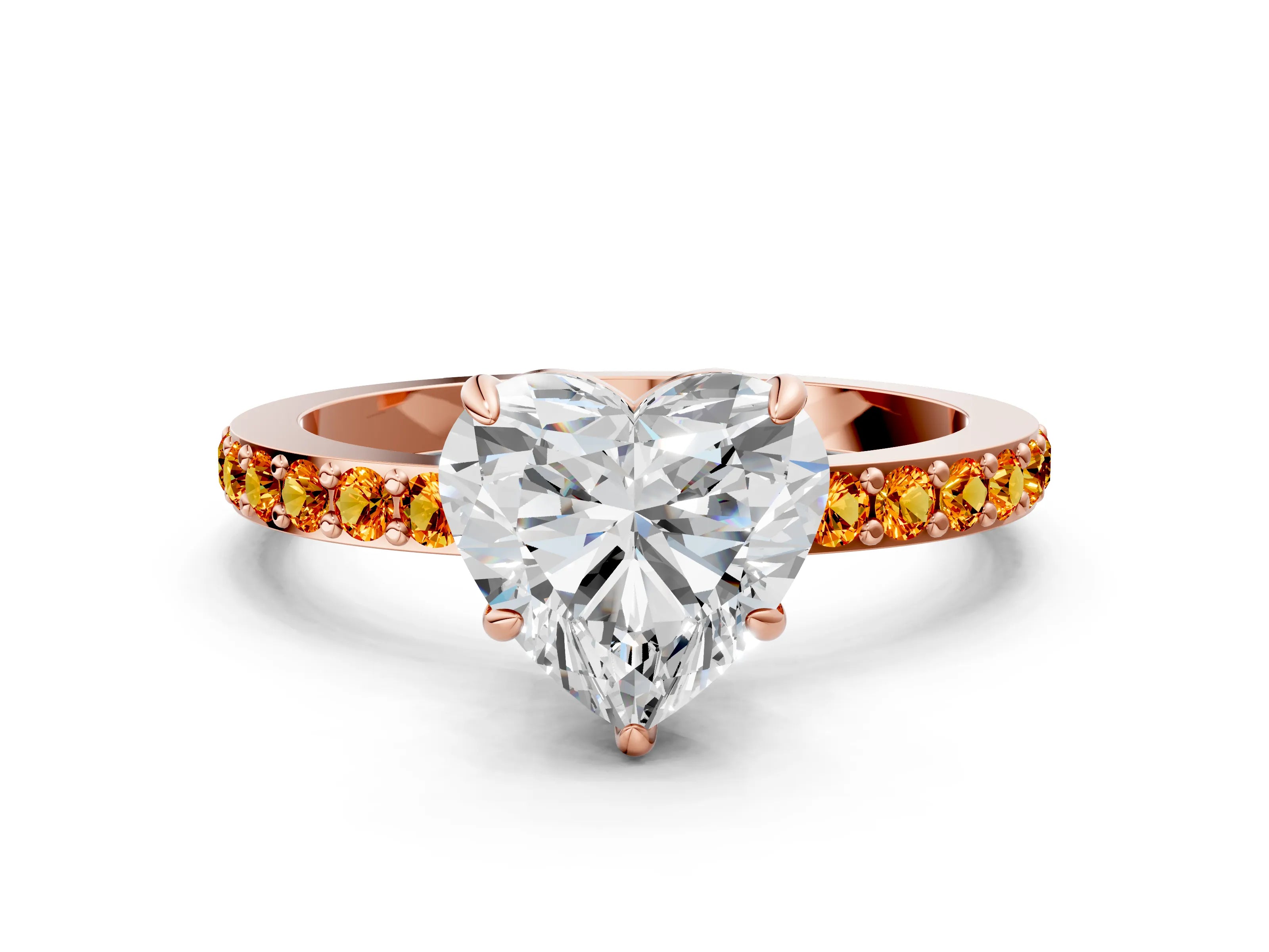 Rose gold Heart Cut Diamond Pavé Engagement Ring with Round with Citrine side stone Accents and Prong Setting