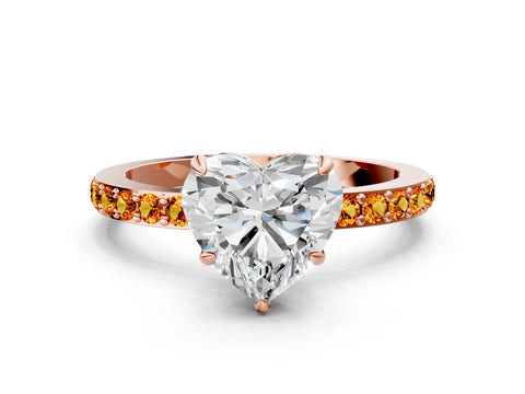 Rose gold Heart Cut Diamond Pavé Engagement Ring with Round with Citrine side stone Accents and Prong Setting