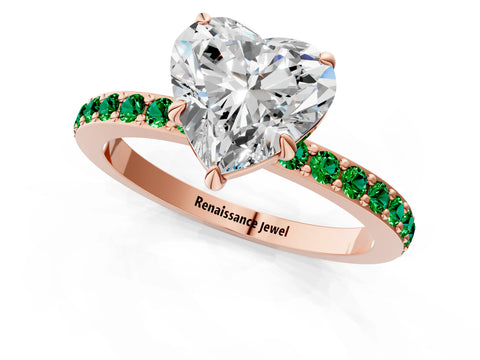 Rose gold Heart Cut Diamond Pavé Engagement Ring with Round with Emerald side stone Accents and Prong Setting_1