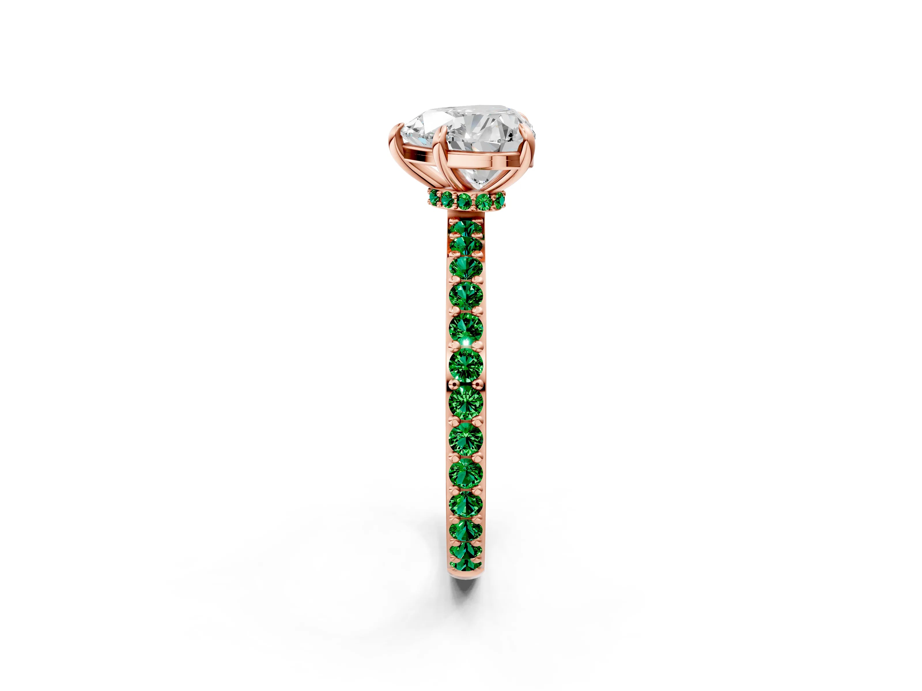 Rose gold Heart Cut Diamond Pavé Engagement Ring with Round with Emerald side stone Accents and Prong Setting_2