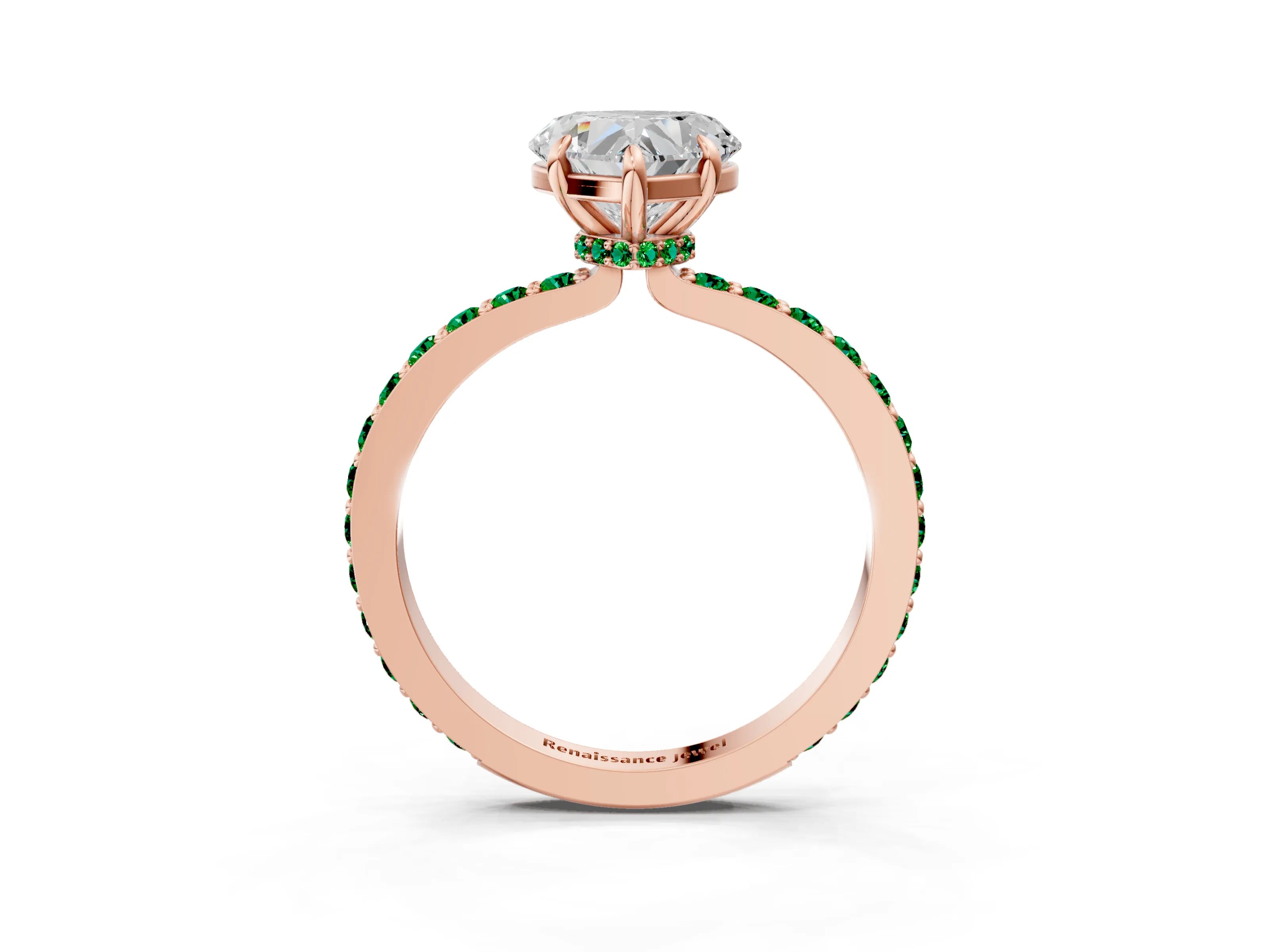 Rose gold Heart Cut Diamond Pavé Engagement Ring with Round with Emerald side stone Accents and Prong Setting_3