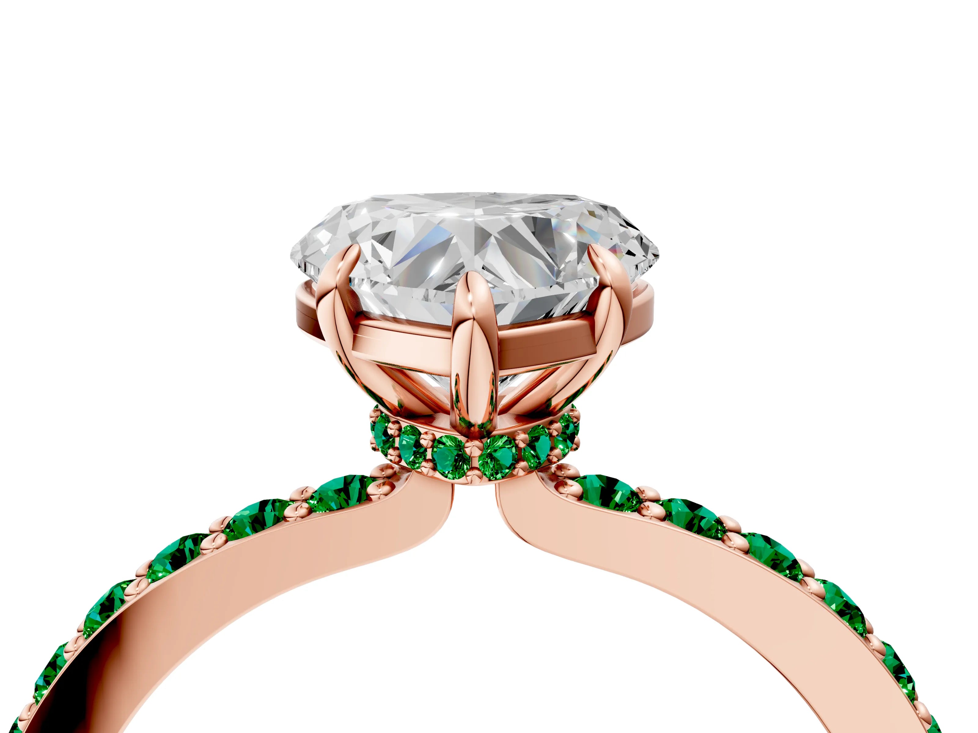Rose gold Heart Cut Diamond Pavé Engagement Ring with Round with Emerald side stone Accents and Prong Setting_4