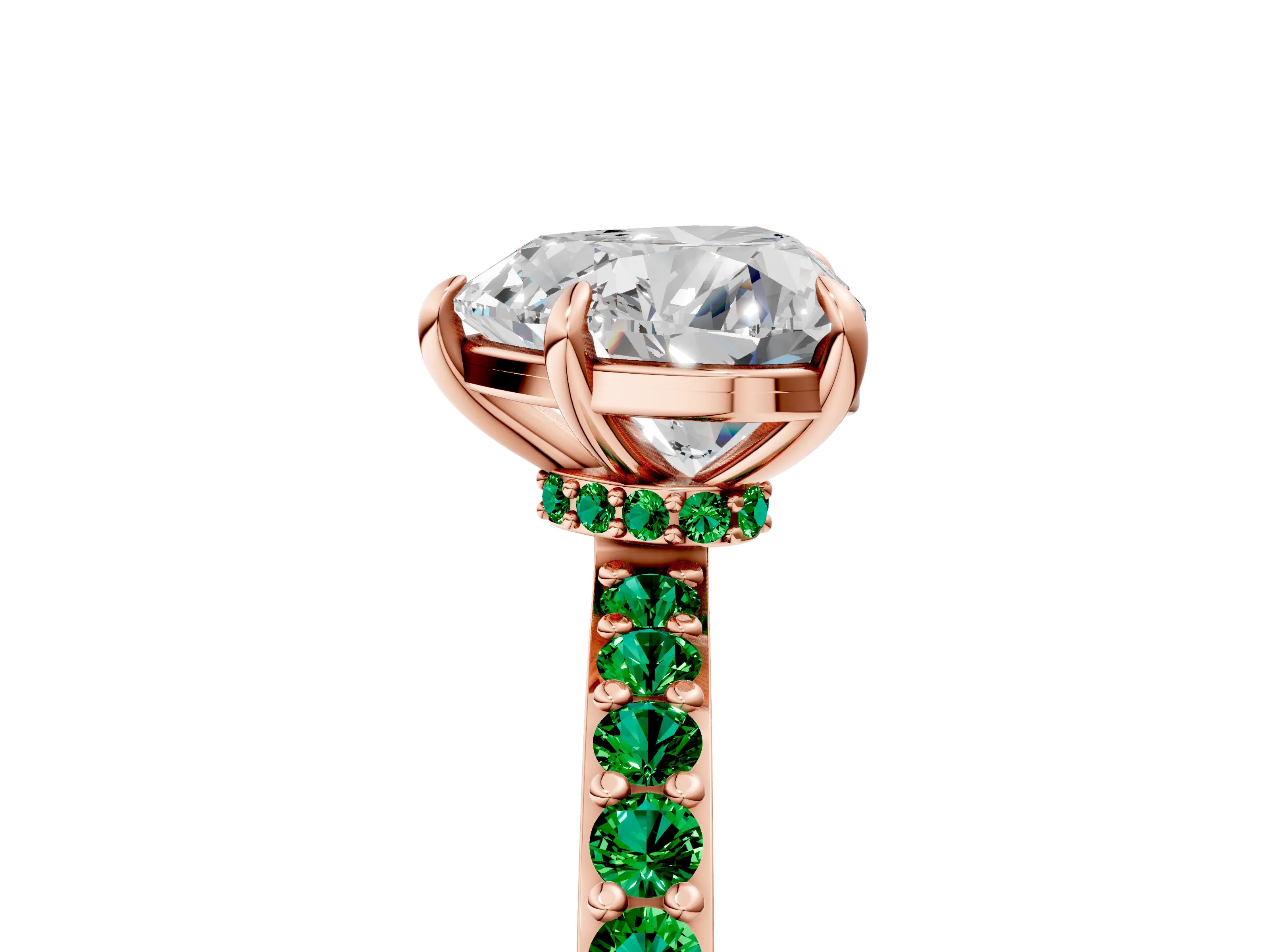Rose gold Heart Cut Diamond Pavé Engagement Ring with Round with Emerald side stone Accents and Prong Setting_5