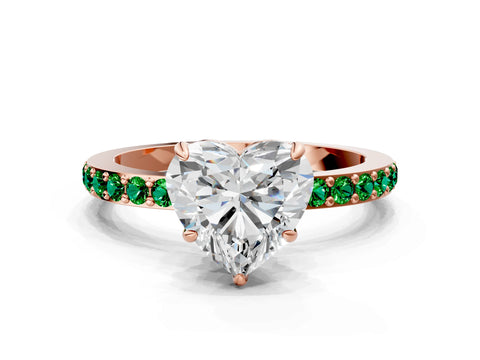 Rose gold Heart Cut Diamond Pavé Engagement Ring with Round with Emerald side stone Accents and Prong Setting