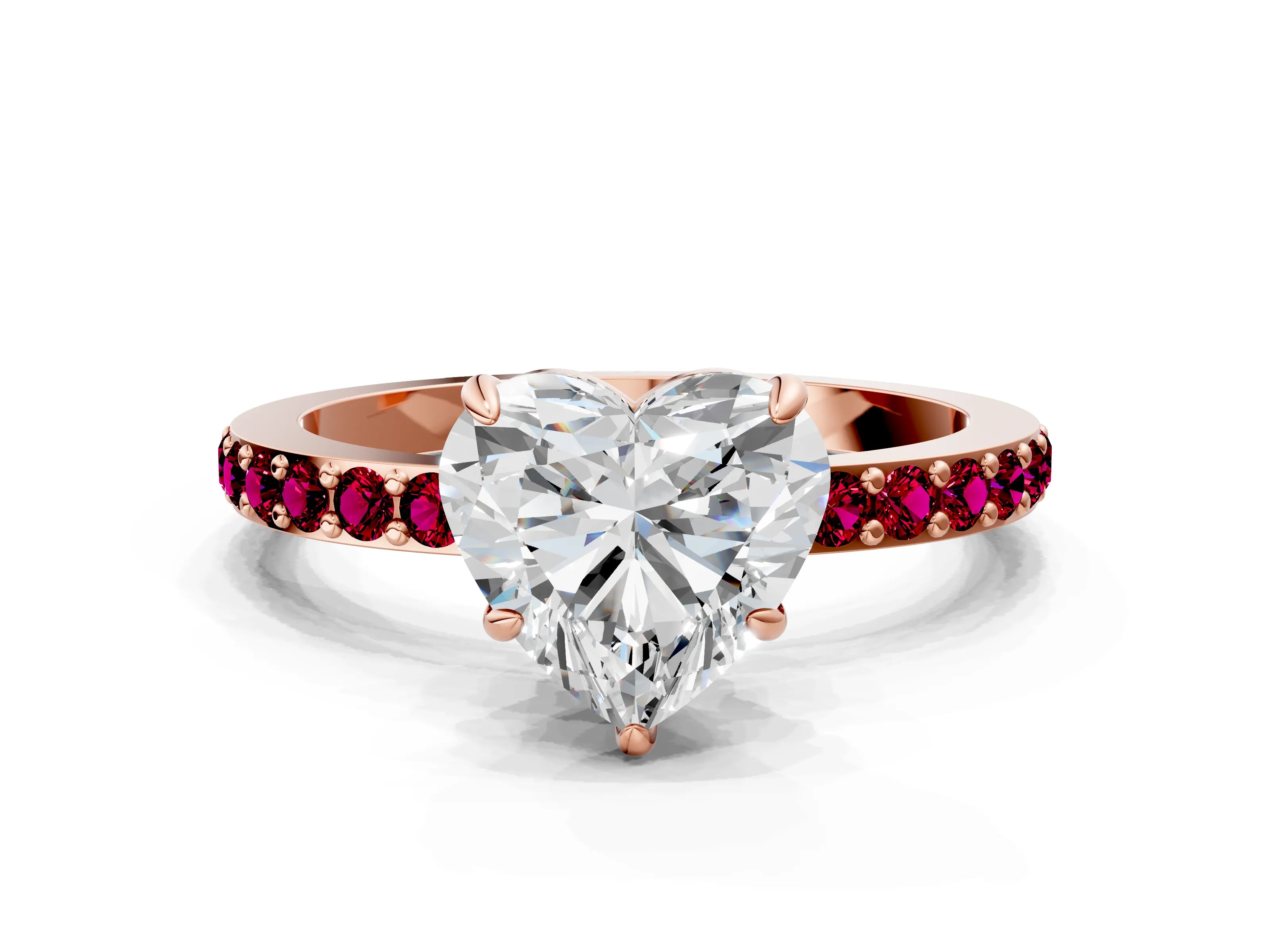 Rose gold Heart Cut Diamond Pavé Engagement Ring with Round with Garnet side stone Accents and Prong Setting