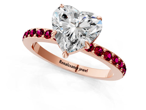 Rose gold Heart Cut Diamond Pavé Engagement Ring with Round with Garnet side stone Accents and Prong Setting_1