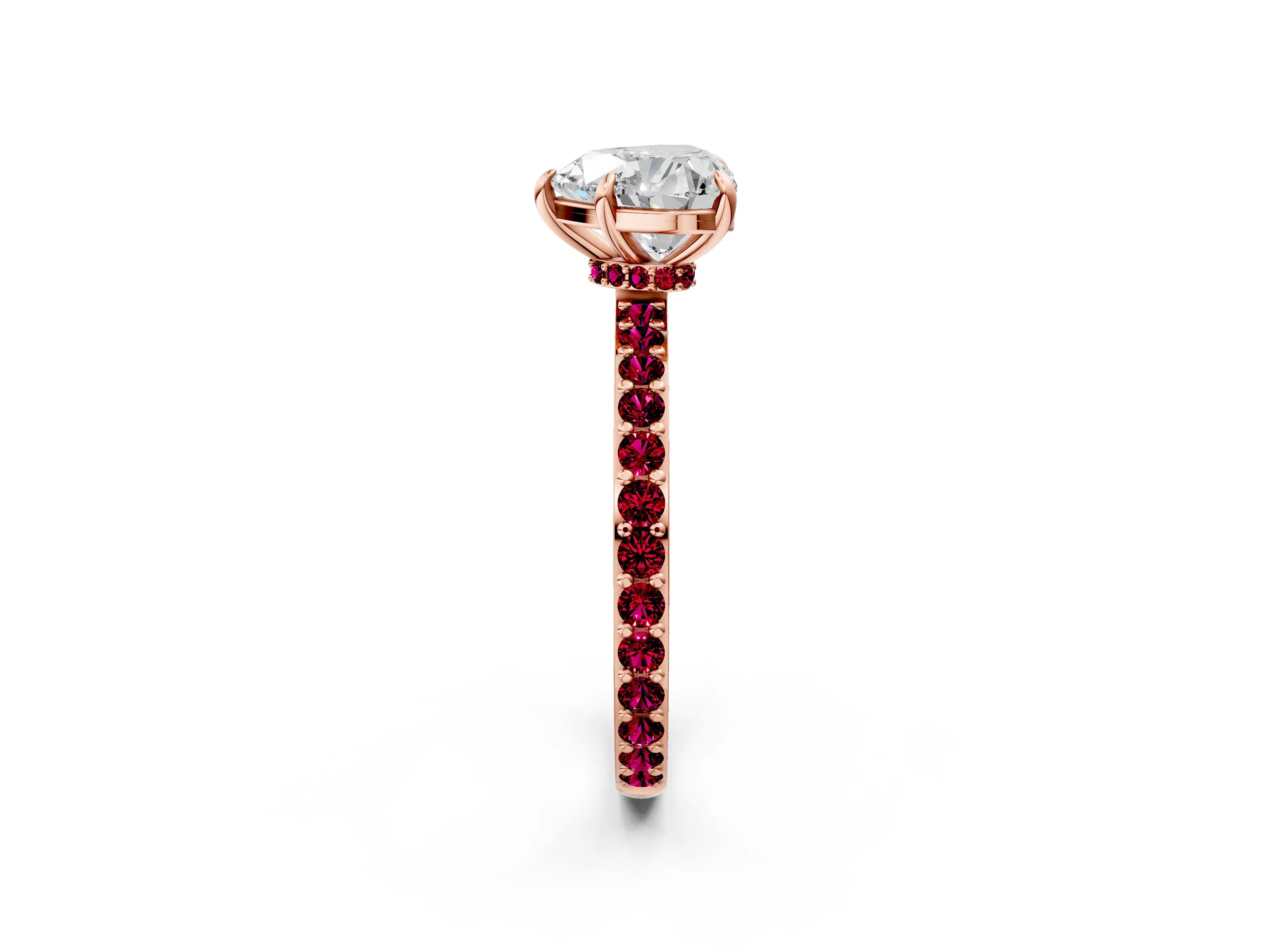 Rose gold Heart Cut Diamond Pavé Engagement Ring with Round with Garnet side stone Accents and Prong Setting_2