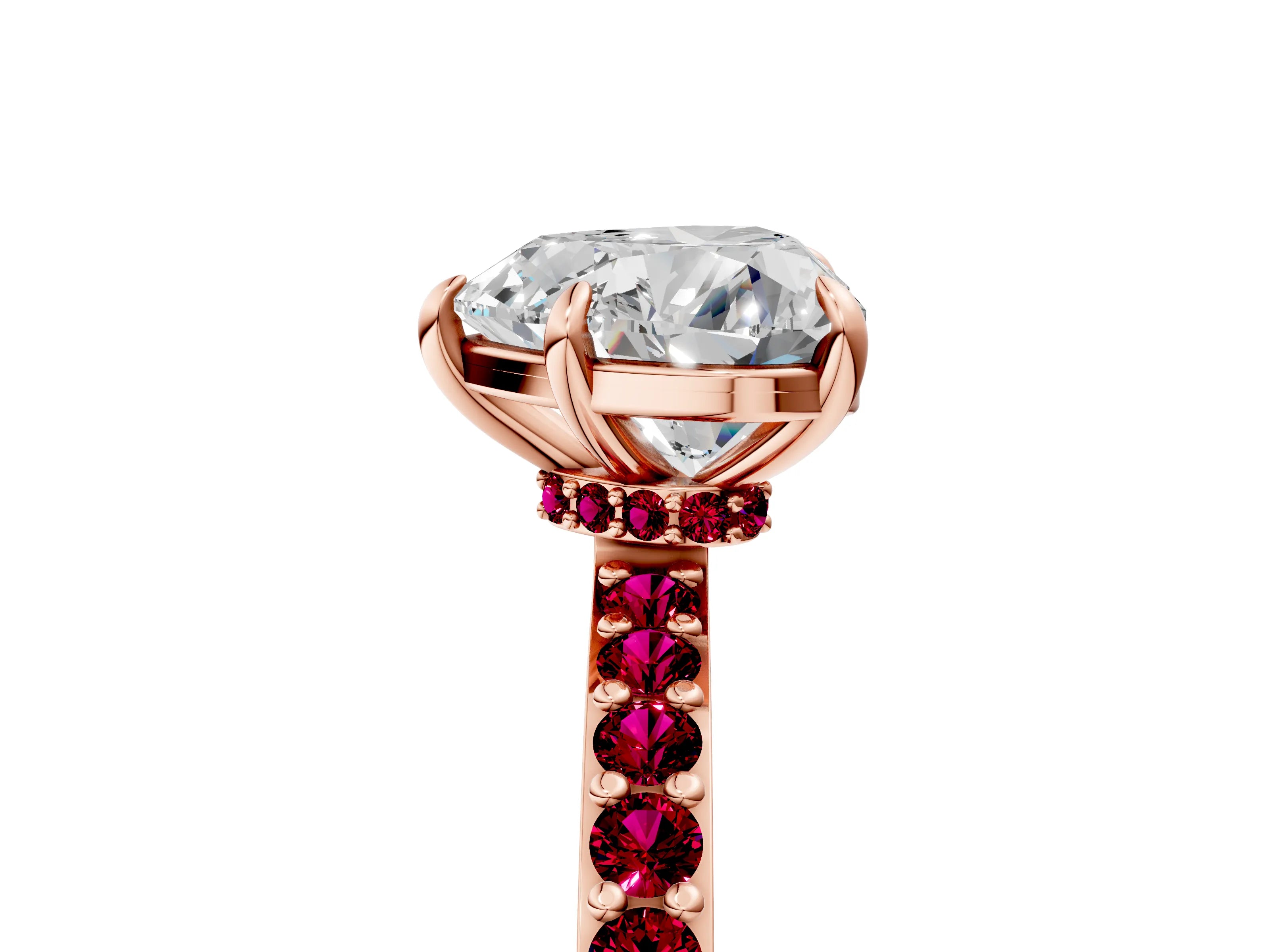 Rose gold Heart Cut Diamond Pavé Engagement Ring with Round with Garnet side stone Accents and Prong Setting_5