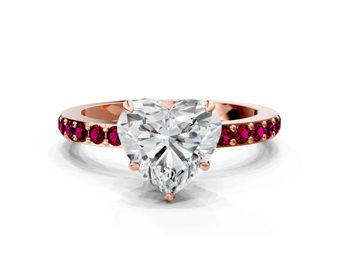 Rose gold Heart Cut Diamond Pavé Engagement Ring with Round with Garnet side stone Accents and Prong Setting