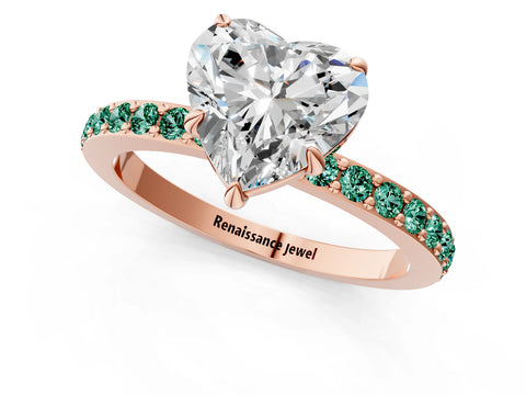 Rose gold Heart Cut Diamond Pavé Engagement Ring with Round with Green Sapphire side stone Accents and Prong Setting_1