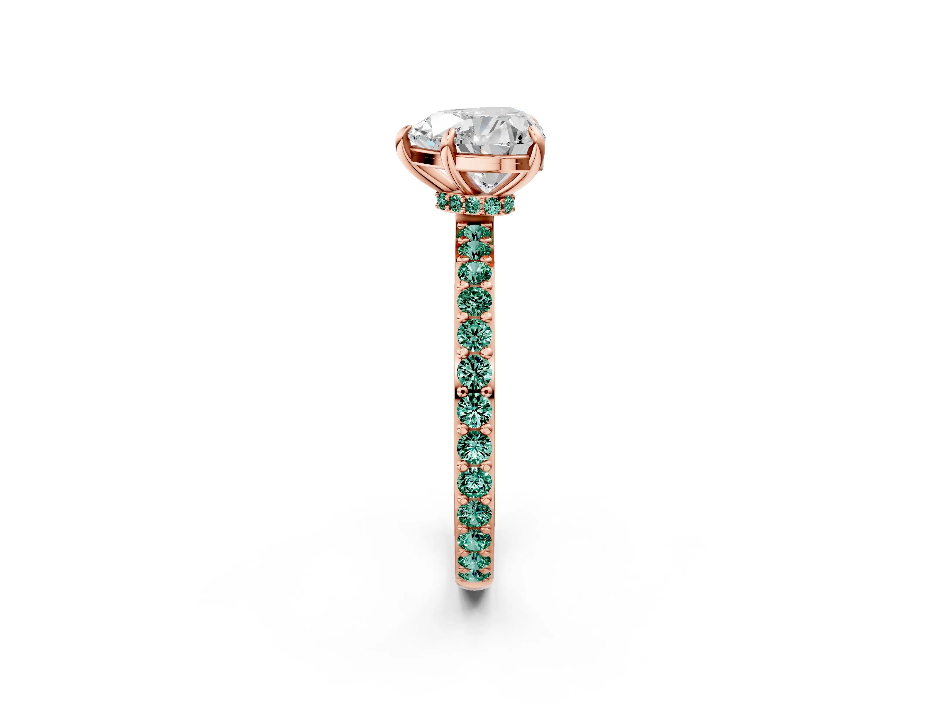 Rose gold Heart Cut Diamond Pavé Engagement Ring with Round with Green Sapphire side stone Accents and Prong Setting_2