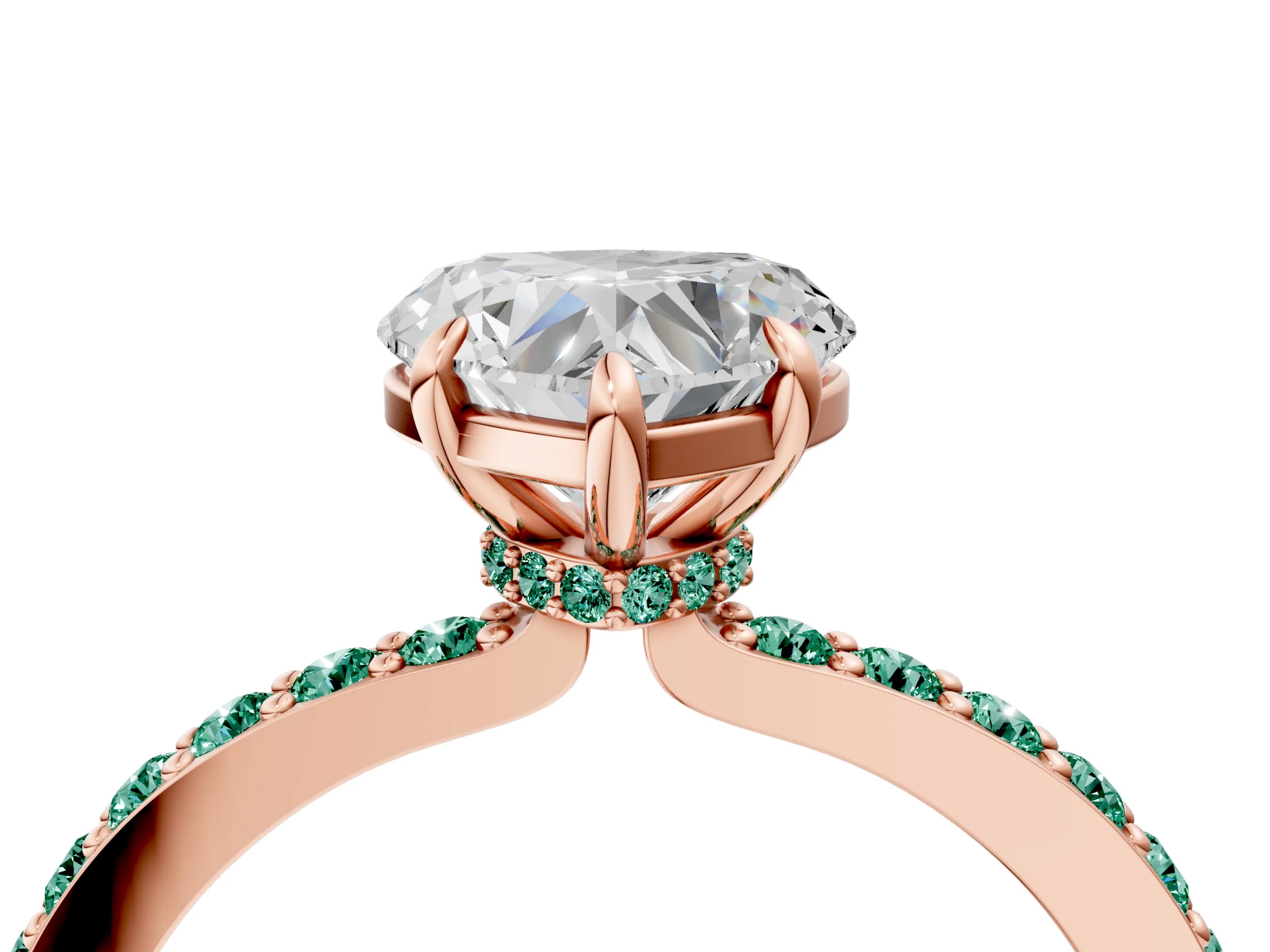 Rose gold Heart Cut Diamond Pavé Engagement Ring with Round with Green Sapphire side stone Accents and Prong Setting_4