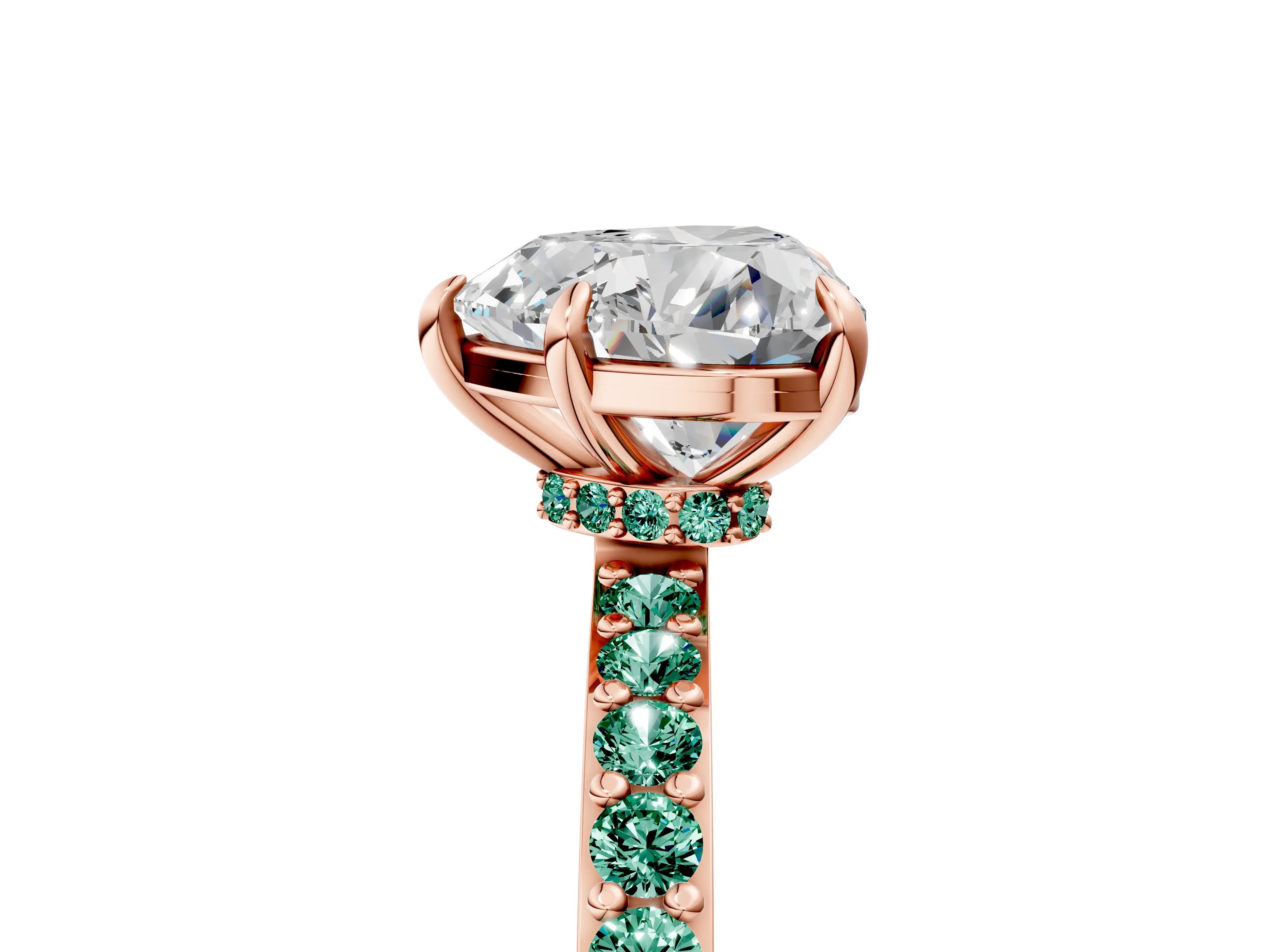 Rose gold Heart Cut Diamond Pavé Engagement Ring with Round with Green Sapphire side stone Accents and Prong Setting_5