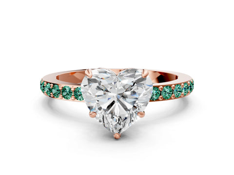 Rose gold Heart Cut Diamond Pavé Engagement Ring with Round with Green Sapphire side stone Accents and Prong Setting