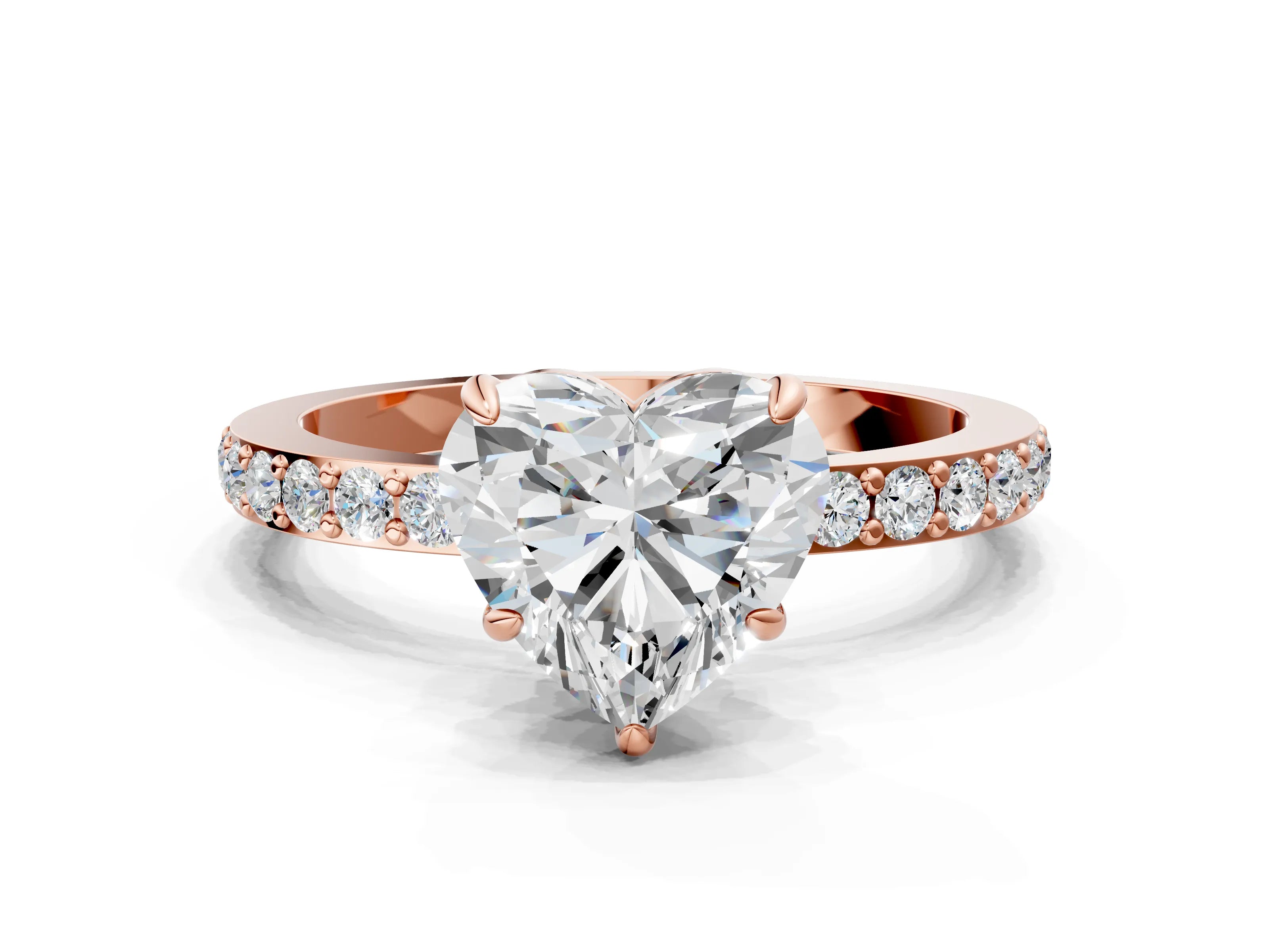 Rose gold Heart Cut Diamond Pavé Engagement Ring with Round with Moissanite side stone Accents and Prong Setting