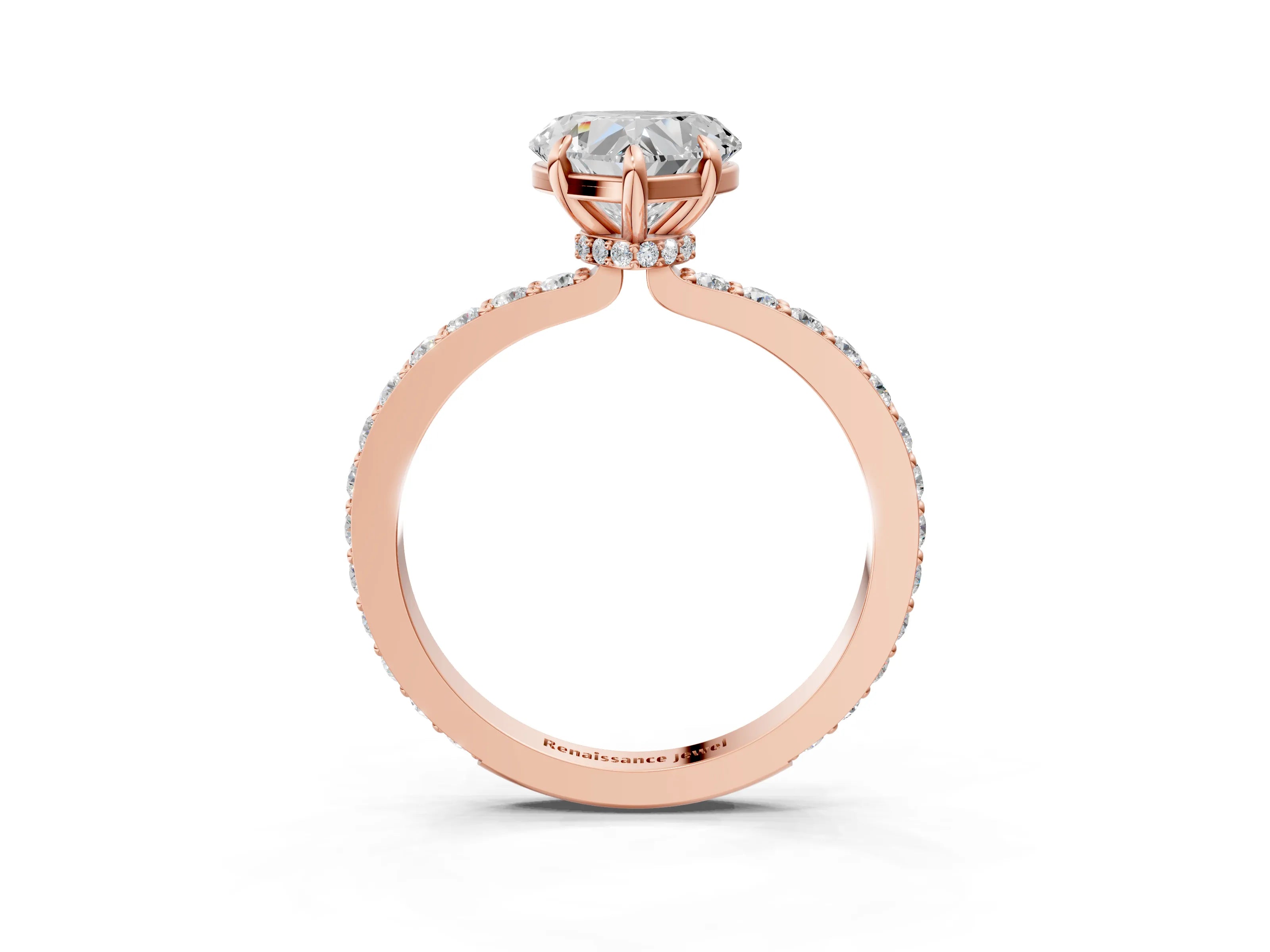 Rose gold Heart Cut Diamond Pavé Engagement Ring with Round with Moissanite side stone Accents and Prong Setting_3
