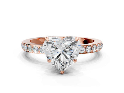 Rose gold Heart Cut Diamond Pavé Engagement Ring with Round with Moissanite side stone Accents and Prong Setting