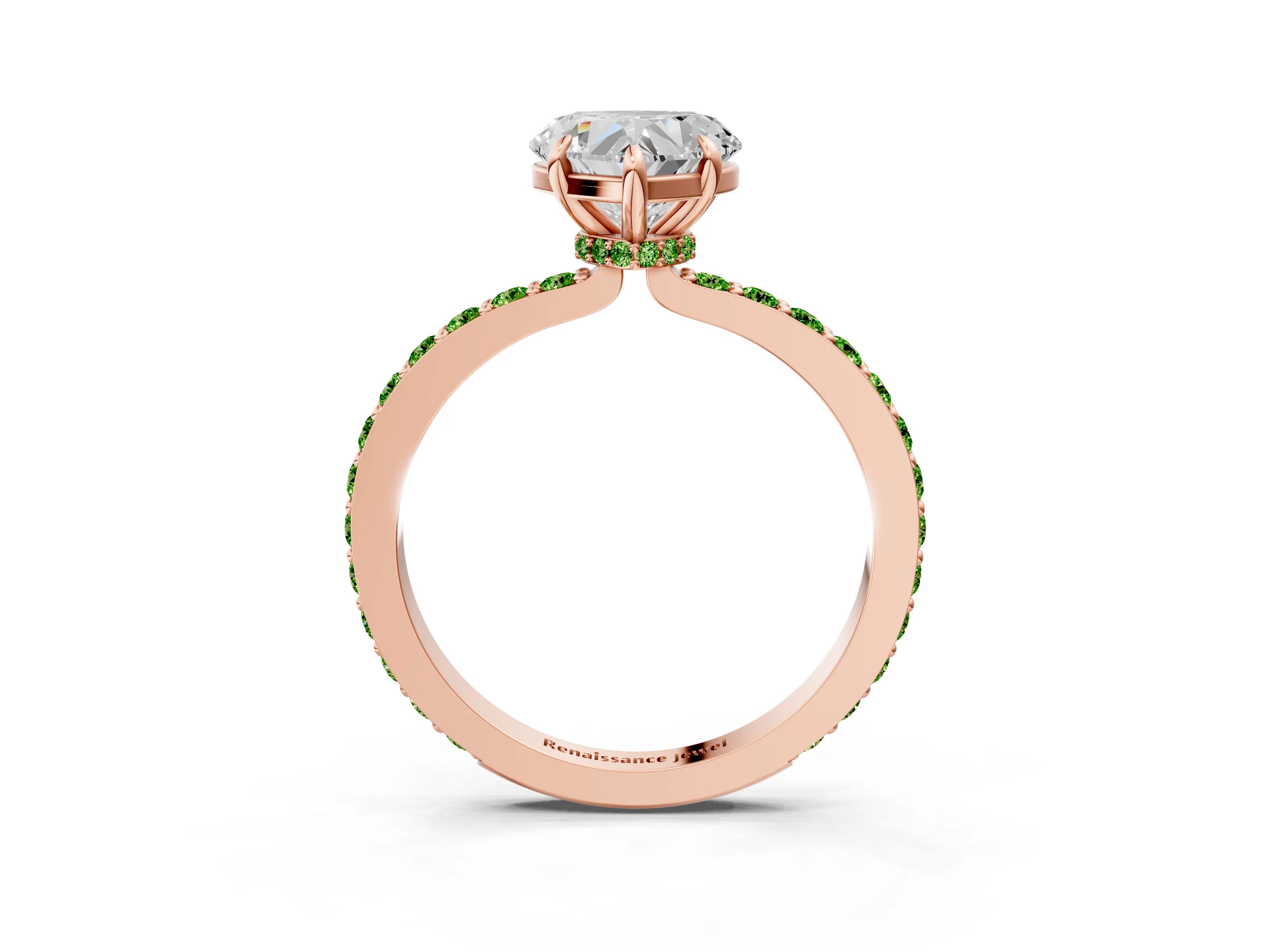 Rose gold Heart Cut Diamond Pavé Engagement Ring with Round with Peridot side stone Accents and Prong Setting_3