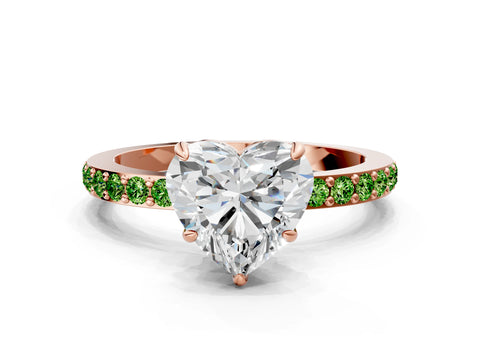 Rose gold Heart Cut Diamond Pavé Engagement Ring with Round with Peridot side stone Accents and Prong Setting
