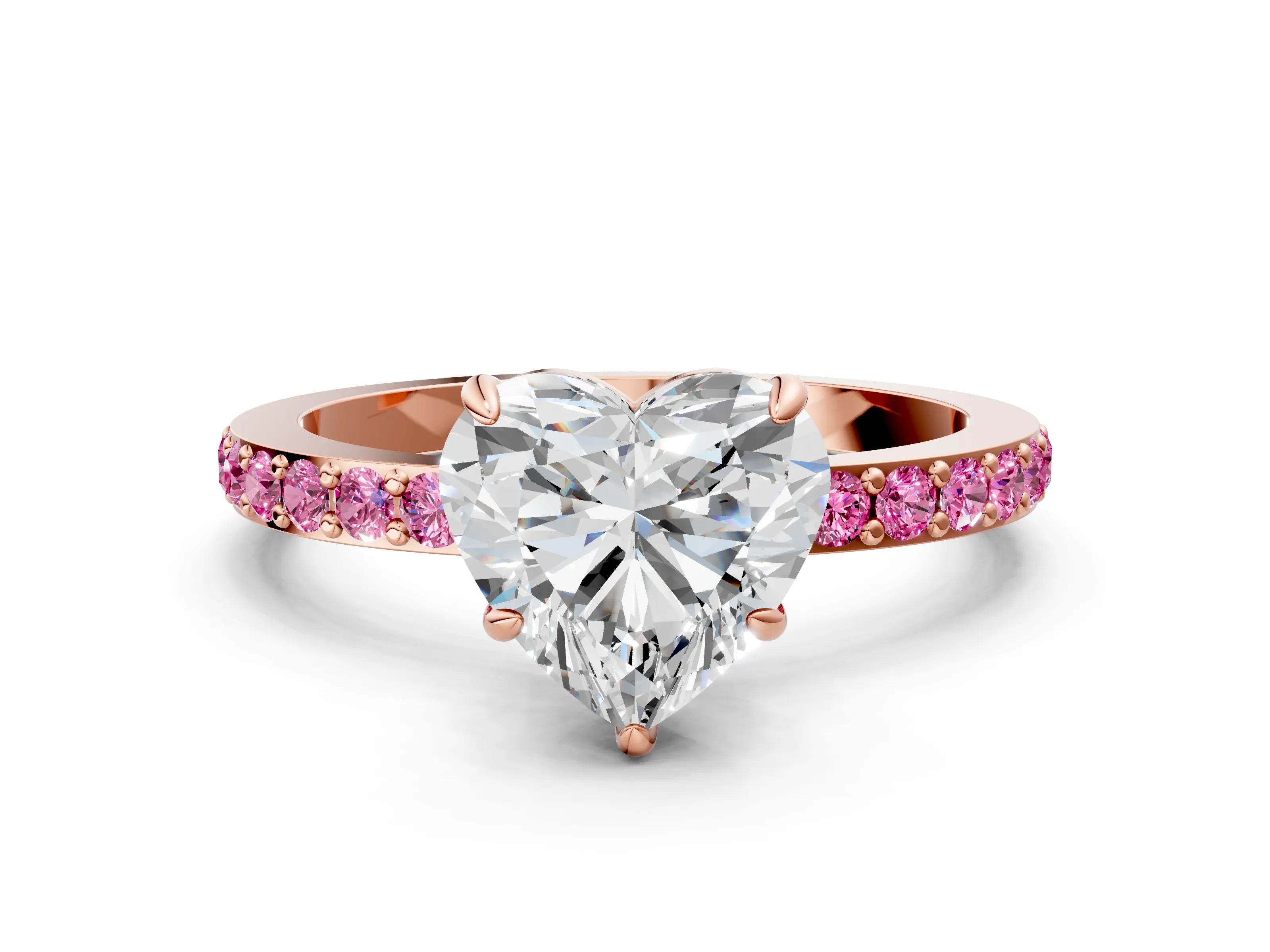 Rose gold Heart Cut Diamond Pavé Engagement Ring with Round with Pink Sapphire side stone Accents and Prong Setting