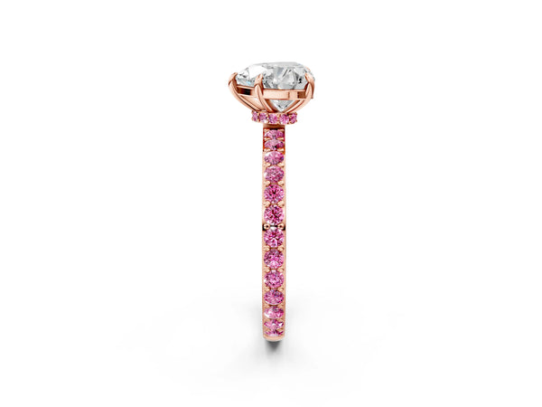 Rose Gold Heart-Shaped Hidden Halo Engagement Ring Setting with Lab-Grown Pink Sapphire Pave Band