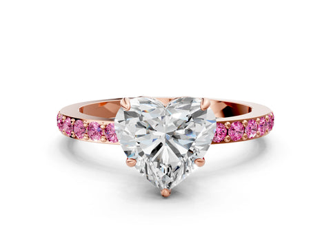 Rose gold Heart Cut Diamond Pavé Engagement Ring with Round with Pink Sapphire side stone Accents and Prong Setting