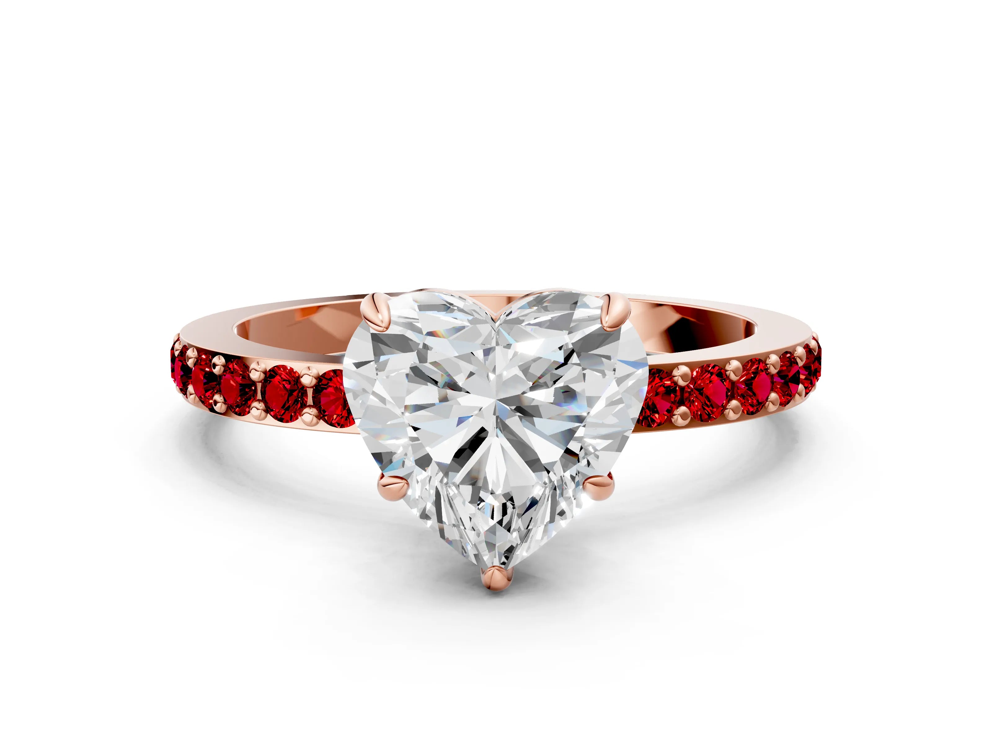Rose gold Heart Cut Diamond Pavé Engagement Ring with Round with Ruby side stone Accents and Prong Setting