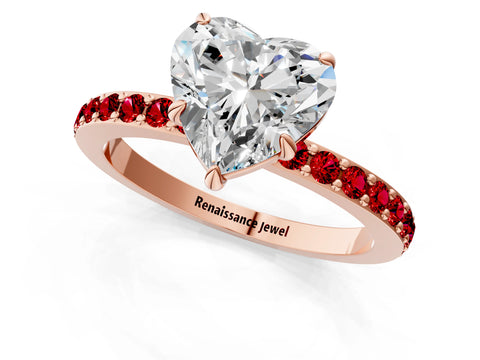 Rose gold Heart Cut Diamond Pavé Engagement Ring with Round with Ruby side stone Accents and Prong Setting_1