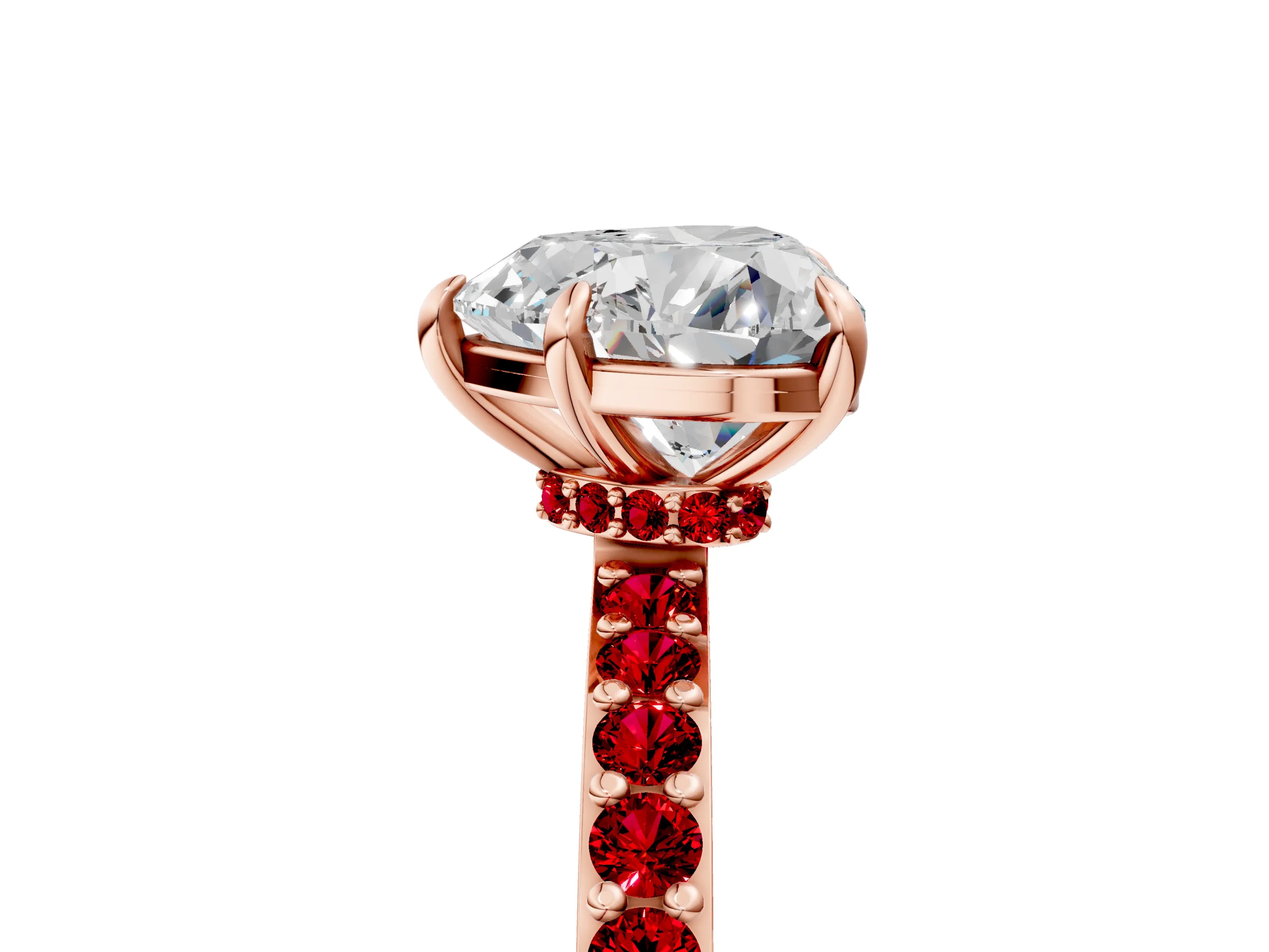 Rose gold Heart Cut Diamond Pavé Engagement Ring with Round with Ruby side stone Accents and Prong Setting_5