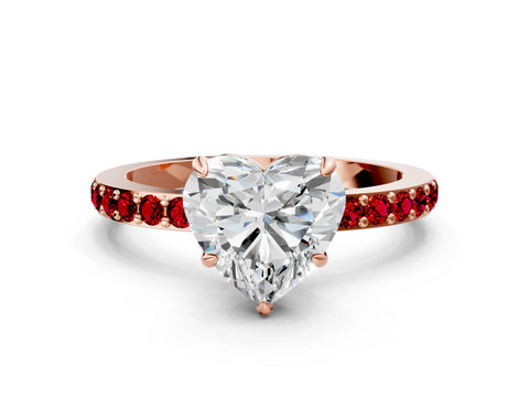 Rose gold Heart Cut Diamond Pavé Engagement Ring with Round with Ruby side stone Accents and Prong Setting